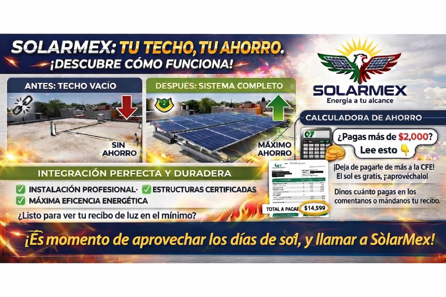 En SolarMex ☀️🇲🇽, te acompañamos en cada paso: desde el análisis de tu recibo hasta que ves tu ahorro en tiempo real desde tu celular. 📱✨